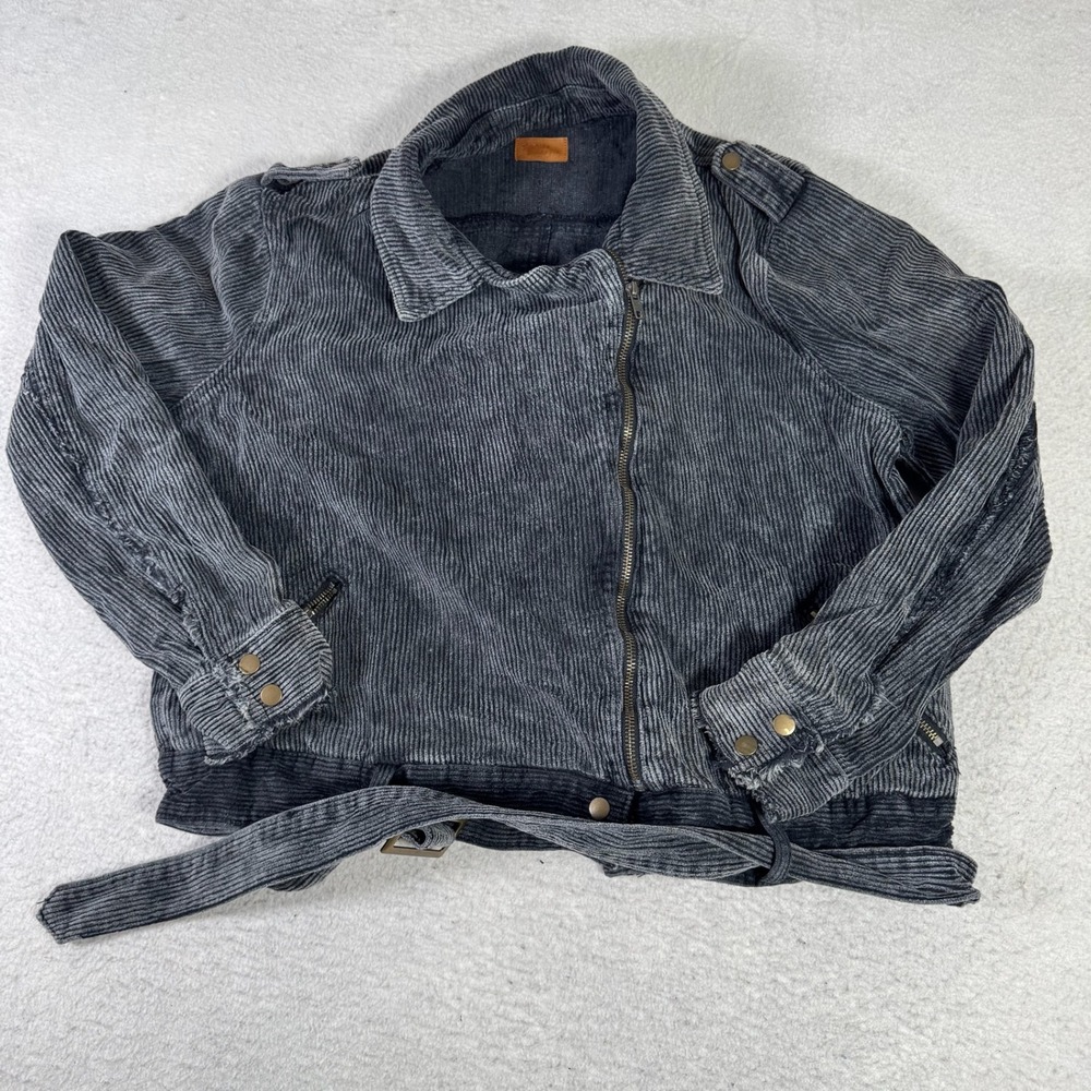Unicorn Tribe Corduroy Moto Jacket Womens 2XL Gray Excellent Belted Asymmetrical